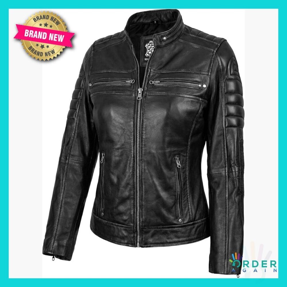 Lambskin Leather Motorcycle Jacket Classic Biker Style Stand Collar Zipper